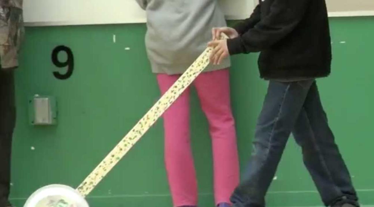 A white paper plate is attached to one end of a yardstick.