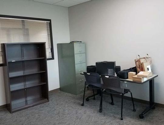 1 table, file cabinet and shelves